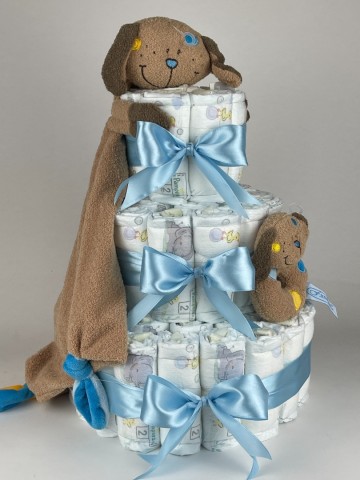 Luiertaart funnies knuffeldoek en rammelaar hond blauw