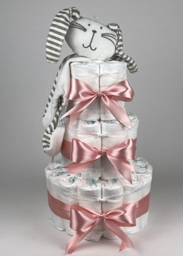 Luiertaart funnies knuffeldoek konijn knuf wit   donker poeder roze