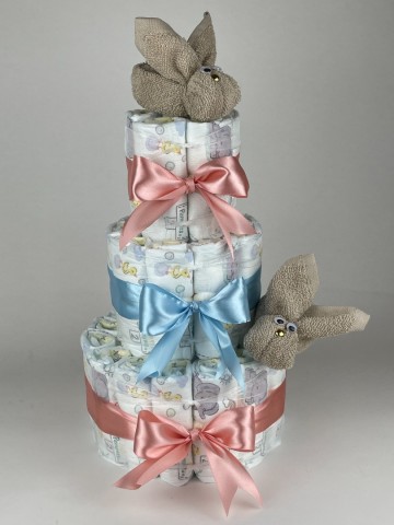 Luiertaart konijnen cream beige   donker poeder roze   blauw   2