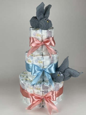 Luiertaart konijnen grey blue   donker poeder roze   blauw   2