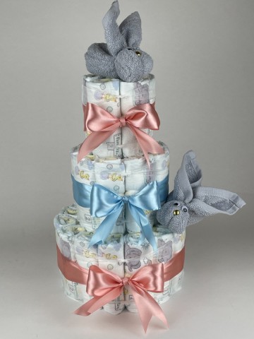 Luiertaart konijnen grijs   donker poeder roze   blauw   2