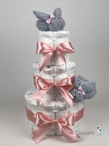 Luiertaart konijnen grijs donker poeder roze