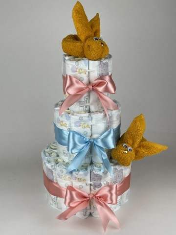 Luiertaart konijnen oker   donker poeder roze   blauw   2