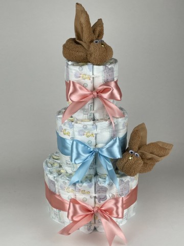 Luiertaart konijnen sand bruin   donker poeder roze   blauw