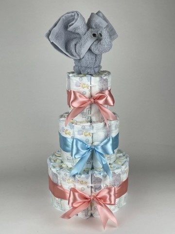 Luiertaart olifant grijs   donker poeder roze   blauw   2